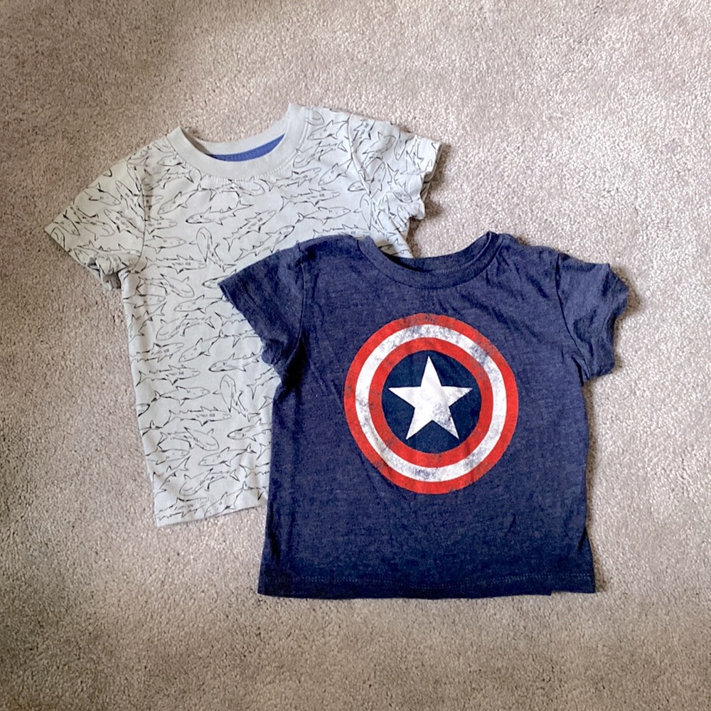 Toddler Boys 18 month t-shirts; marvel & sharks